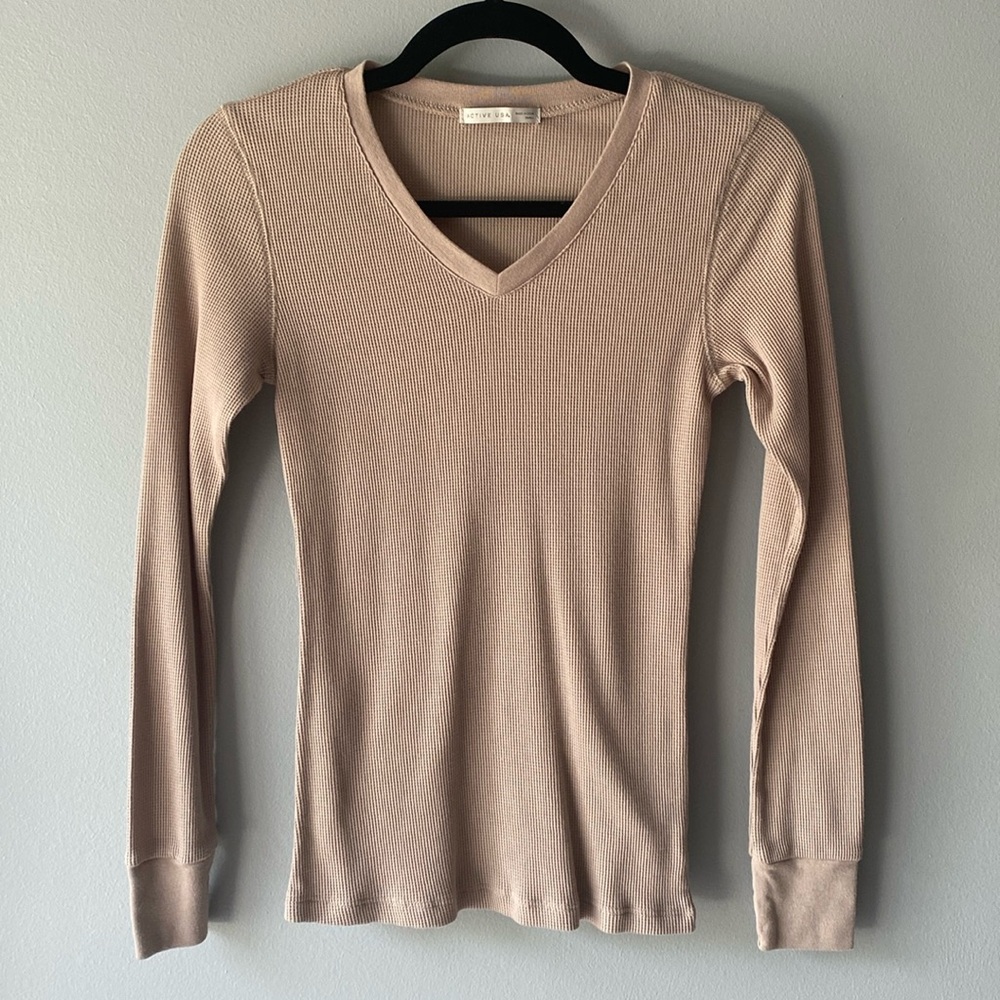 Active USA tan waffle knit Henley long sleeve